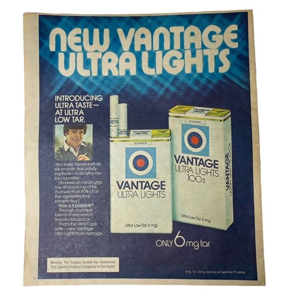 Vintage 1970s Vantage Ultra Lights Cigarettes u Ad Print Full Page Original